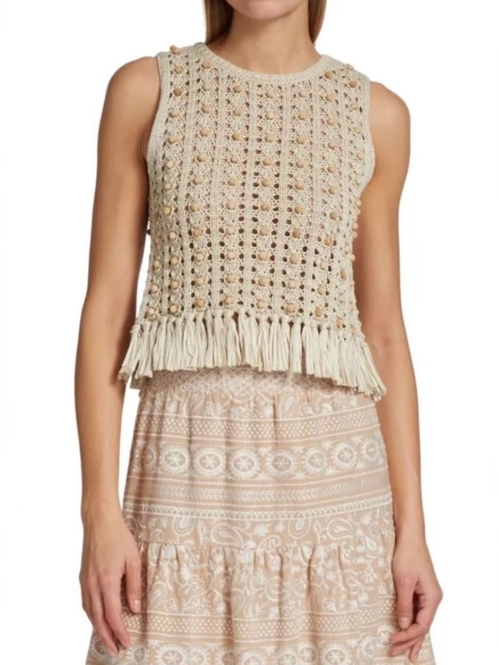 House of Harlow 1960 Beaded Crochet Fringe Tank Top Tan 100% Cotton Size Medium